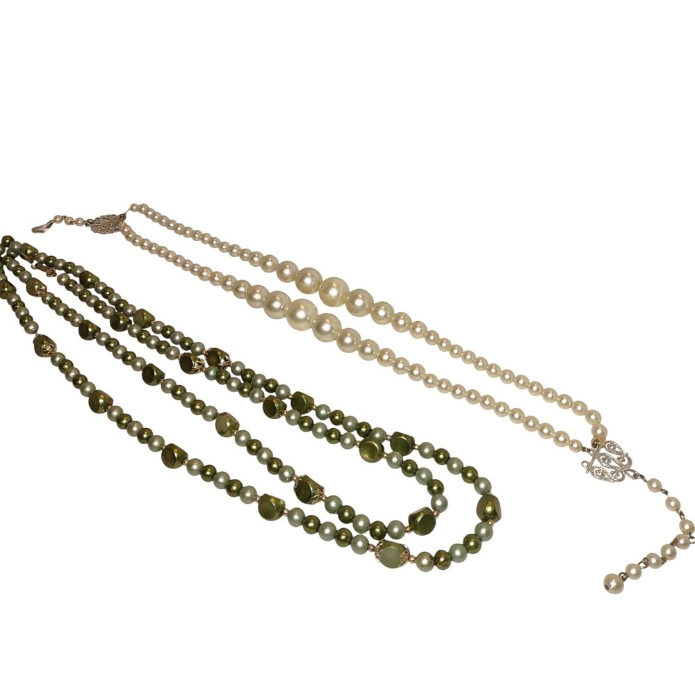 2 Vintage Necklaces Hong Kong Faux Pearl Green Triple Strand Cream Double Strand